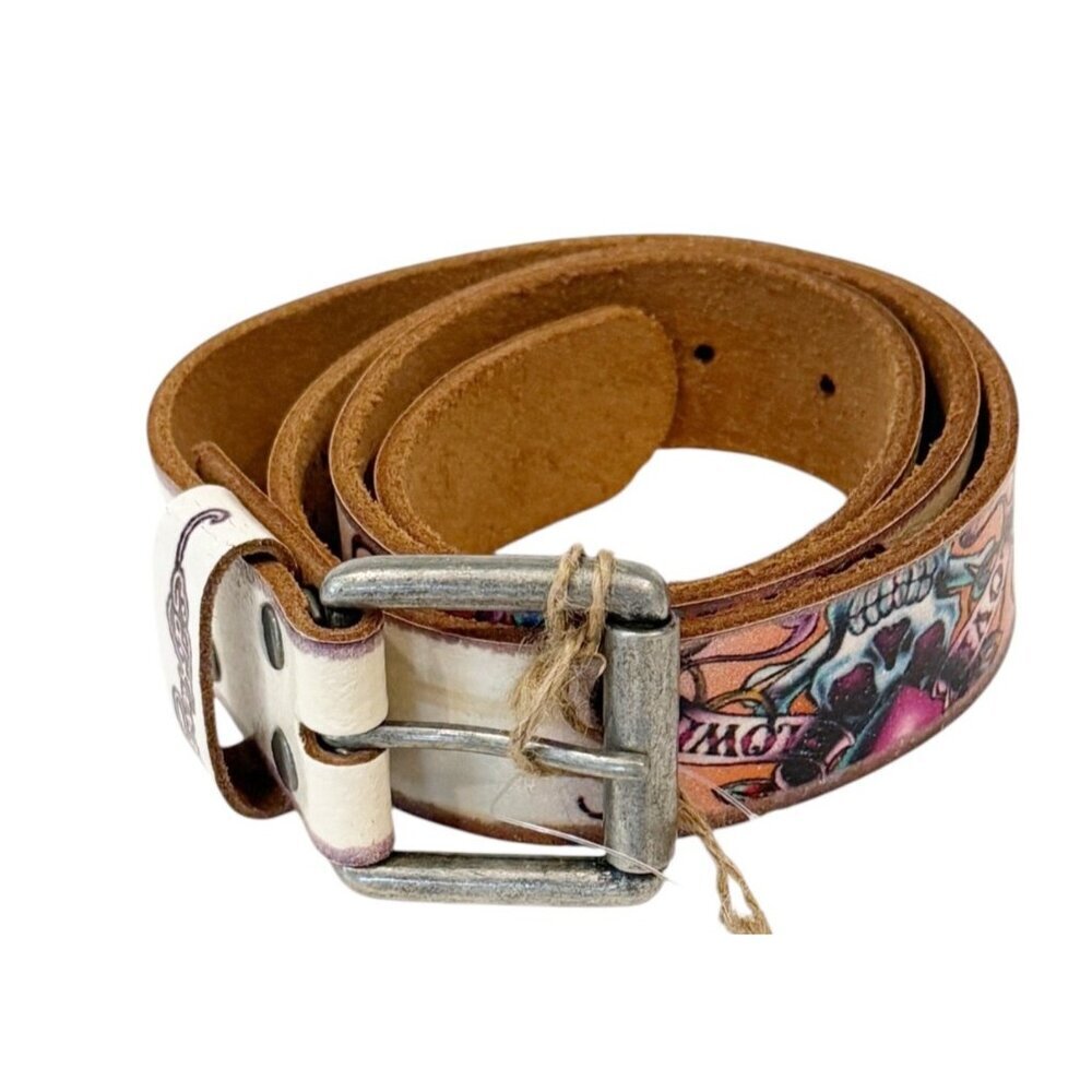 Ed Hardy Unisex Handmade Leather Skull Belt White Love Size M NWT